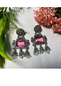 Oxidized Silver Work Pink Jhumka Earrings