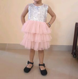 Baby Girl Squine Peach Color Frock With Bow