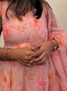 festive peach organza anarkali dress with dupatta