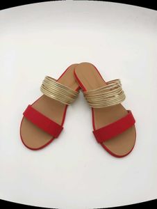 Red And Gold Flat Sandals.