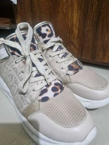 Beige Lace-Up Leopard Print Sneakers