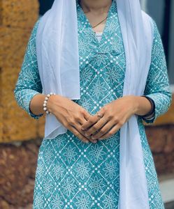 Elegant Aqua &amp; White Printed Kurti Set