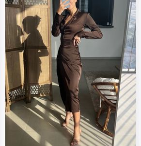 Brown Satin Blouse With Wrap Skirt