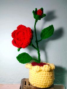 Crocheted Red Rose in Yellow Pot