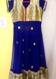 Elegant Blue &amp; Gold Anarkali With Dupatta
