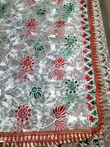 Beautiful White Net Dupatta With Embroidery