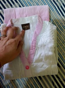Pink &amp; White Embroidered Kurti Set