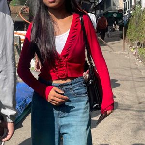 Red Long Sleeve Crop Top