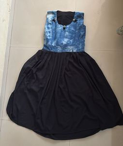 Denim & Chiffon Fit & Flare Dress