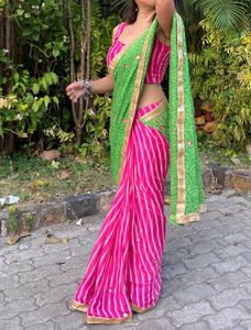 Chic Pink and Green Leheriya Saree with Blouse