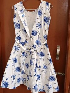 White Frock with blue Floral Print