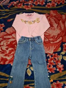Girls Clothing Set – Pink Full Sleeve Top + Jeans