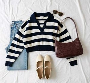 Striped Knit Sweater with Collar