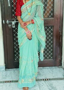 Elegant Sea Green Embroidered Saree