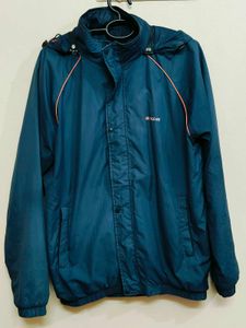 Blue Polyester Jacket With Hoodie