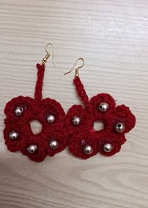 Red Crochet Flower Earrings