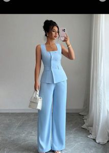 Elegant Blue Sleeveless Pant Set