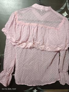 Pink sheer ruffle lace detail top 🩷