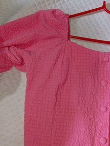 Pink Puff Sleeve Button Top