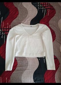 Cream V-Neck Long Sleeve Top