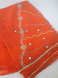 Orange Chiffon Saree With Mirror Work