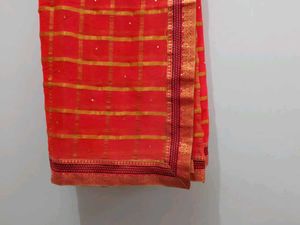 Orange &amp; Gold Checkered Saree