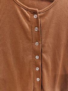 Brown Ribbed Button Top