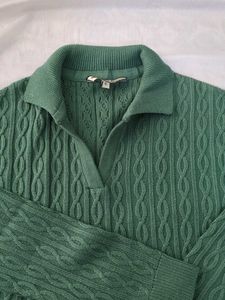 Green Cable Knit Polo Sweater