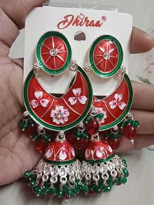 Branded Red And Green Ethnic Jhumkas