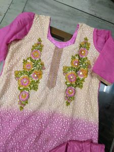 Pink And Cream Kurta Set For Women With Embroidery