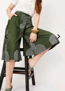 Olive Culottes Trousers with Drawstring Waist