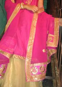 Pink Long Kurti + Golden Lehenga Skirt