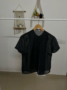 Black Sheer Chiffon Pleated Tops
