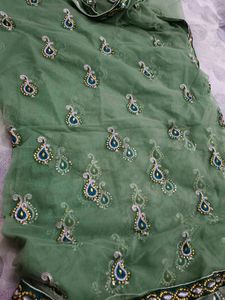 Heavy Party Wear With Stone Work Green Net Saree