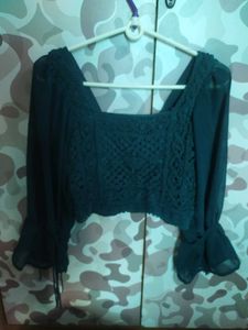 Dark Green Embroidered Top For Casual Wear.