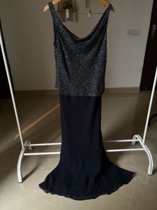 JKARA NAVY BLUE BEADED EVENING GOWN