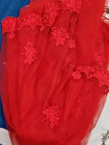 Red Embroidered Net Fabric