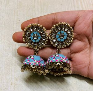Blue Kundan Jhumka Earrings