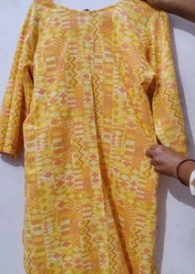 XL Yellow Cotton Kurti Set( Pant And Dupatta)