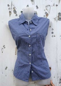 Blue Checkered Sleeveless Blouse