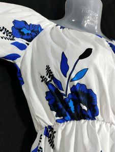 White And Blue Floral Printed Dress (Women)