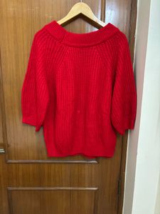 Red Puff Sleeves Cable Knit Pullover