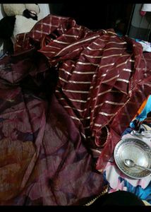 New  Maroon Striped saree with attached blouse pie