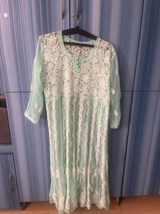 Green White Lucknowi Kurta-L