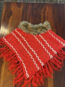 Red Knit Poncho with Faux Fur