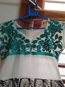 White &amp; Teal Embroidered Dress