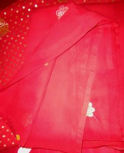 Red &amp; Gold Print Fabric Rajput Dress Material