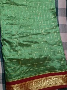 Green &amp; Maroon Zari Checks Saree