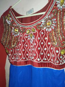 Elegant Blue &amp; Red Anarkali Dress