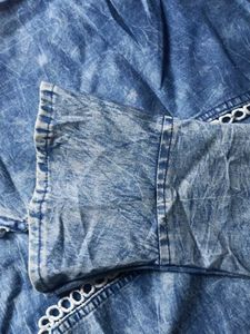 Denim Style Bell-sleeves Front-Bow Top